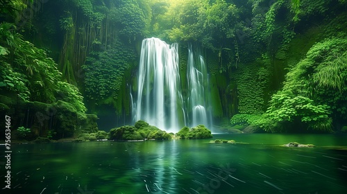 A majestic waterfall cascading down moss-covered rocks into a crystal-clear pool surrounded by lush greenery.