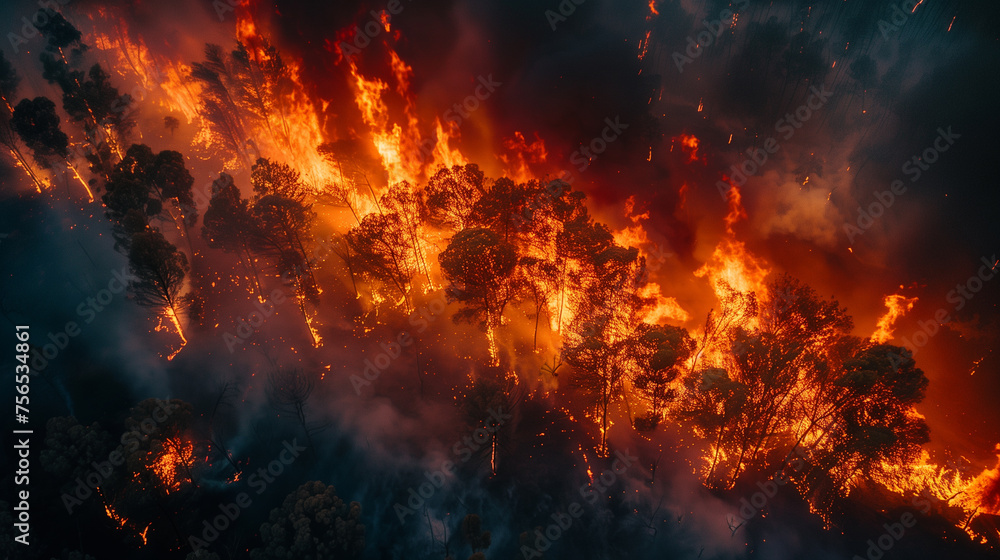 An aerial perspective of a catastrophic wildfire tearing through a dense forest, with intense flames and swirling smoke..