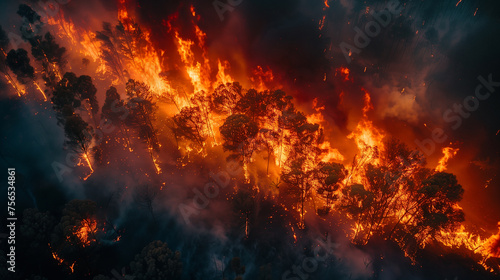 An aerial perspective of a catastrophic wildfire tearing through a dense forest, with intense flames and swirling smoke.. © Varunee