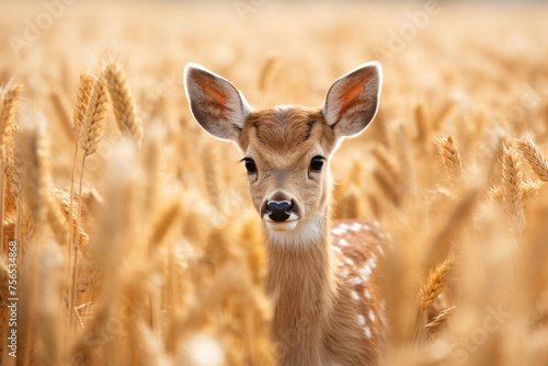 Young fawn deer hiding in tall wheat field