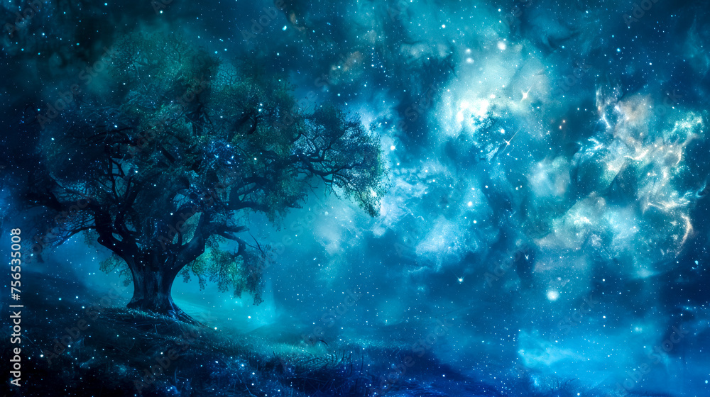 Mystical tree stands amidst a starry cosmos, creating an ethereal dreamscape