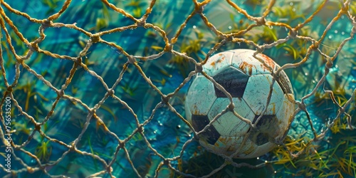 Goal net with a soccer ball nestled in the corner, post-goal moment.