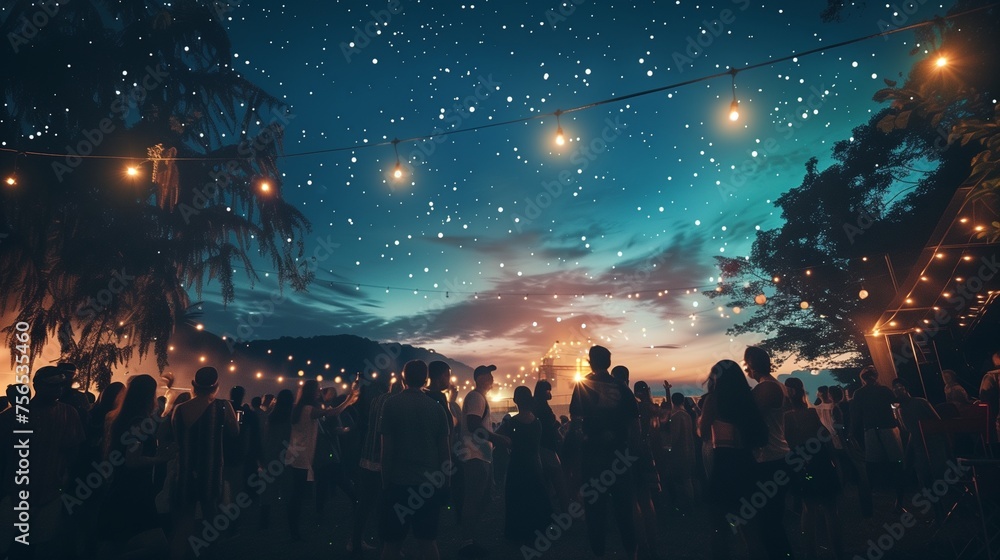 A panoramic view of a music festival crowd dancing under a clear night sky filled with twinkling stars.