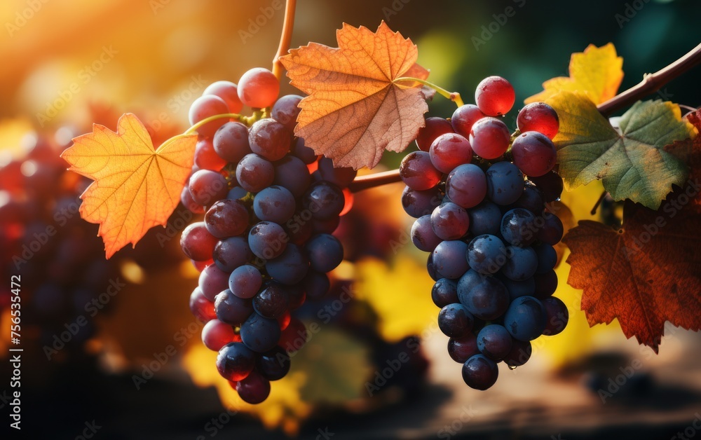 Cluster of grapes hanging from a grapevine in a vineyard