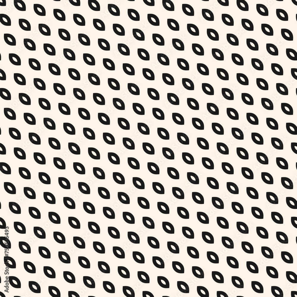 Vector minimalist black and white mesh background. Simple seamless pattern with small curved shapes in diagonal grid. Minimal monochrome texture. Funky abstract repeat design for decor, print, fabric Vector minimalist black and white mesh background. Simple seamless pattern with small curved shapes in diagonal grid. Minimal monochrome texture. Funky abstract repeat design for decor, print, fabric
