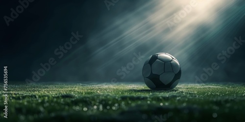 Soccer ball at the kickoff spot under a spotlight, focus on the game. © EOL STUDIOS
