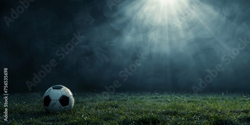 Soccer ball at the kickoff spot under a spotlight, focus on the game. © EOL STUDIOS