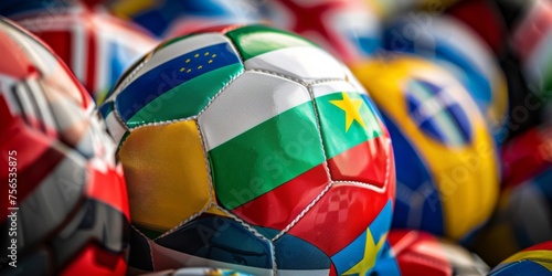 Soccer ball encircled by various national flags, unity in competition. photo