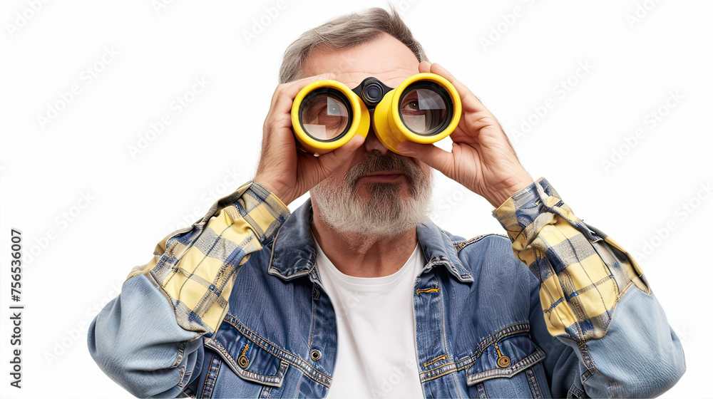 A man on a white background looks through binoculars
A man on a white background looks through binoculars