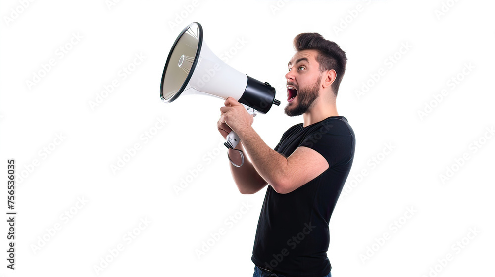 A man on a white background speaks into a megaphone
A man on a white background speaks into a megaphone