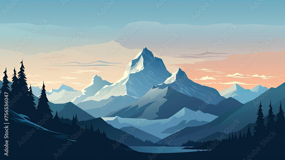 Sunset or Sunrise over the Mountains. Minimal Flat Vector Illustration Art of Mountain Peak. Nature Travel Poster Design, Winter Landscape Background