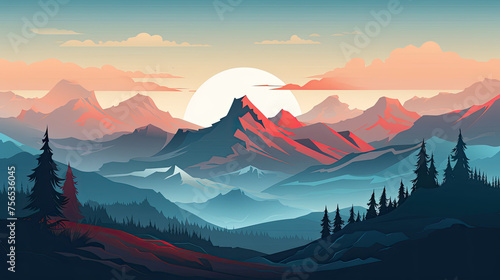 Sunset or Sunrise over the Mountains. Minimal Flat Vector Illustration Art of Mountain Peak. Nature Travel Poster Design, Winter Landscape Background © DreamStock