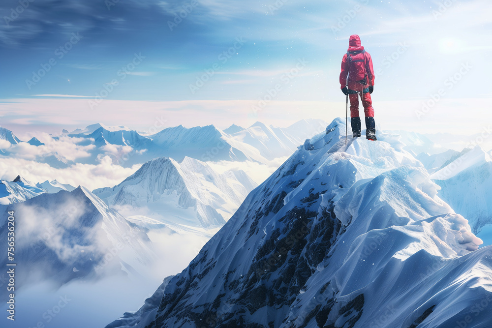 A determined adventurer, standing triumphantly on a snowy mountain peak, embodying the spirit of exploration and achievement in winter A determined adventurer, standing triumphantly on a snowy mountain peak, embodying the spirit of exploration and achievement in winter