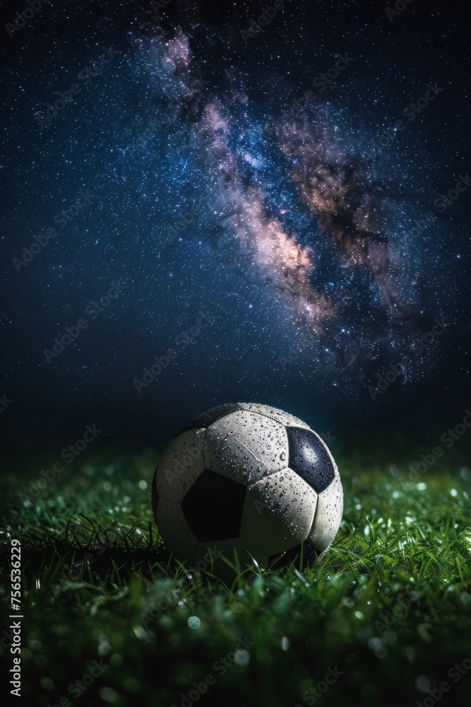 Soccer ball on grass under the night sky, illuminated by spotlight.