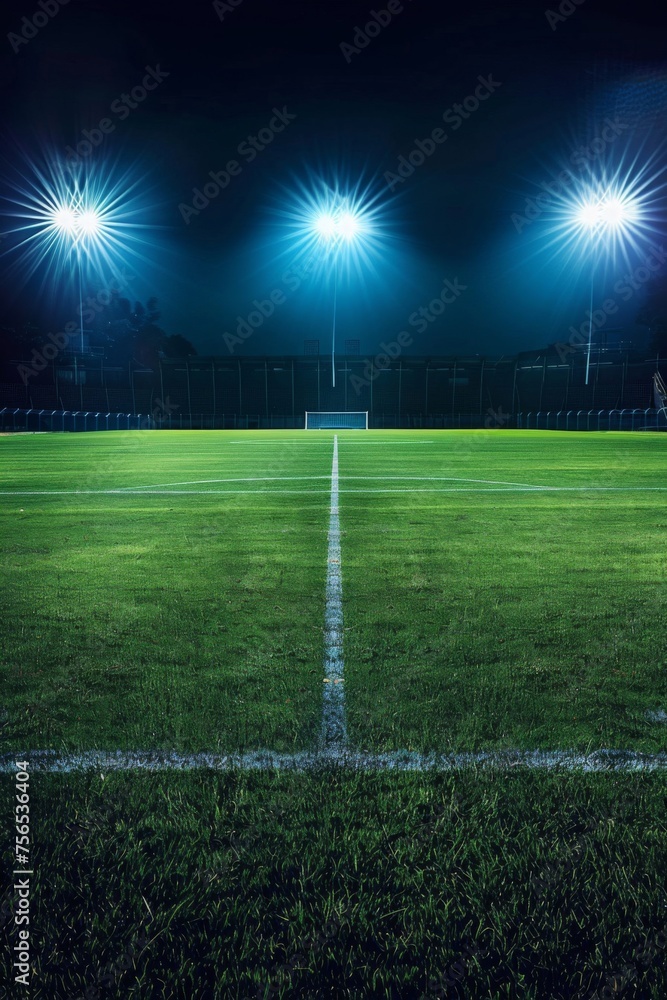 Soccer field illuminated by stadium lights, ready for night play.