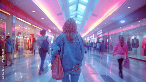Shopping mall 1980s style with people, motion blur, blurred abstract background
