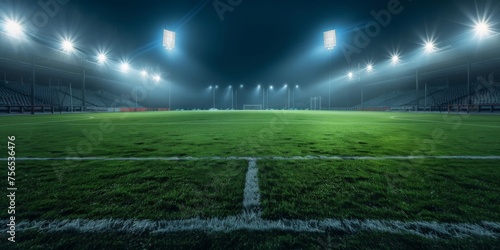 Soccer field illuminated by stadium lights, ready for night play.