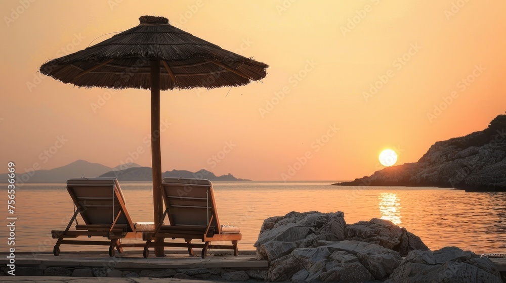 two chairs with umbrellas on the beach at sunset
