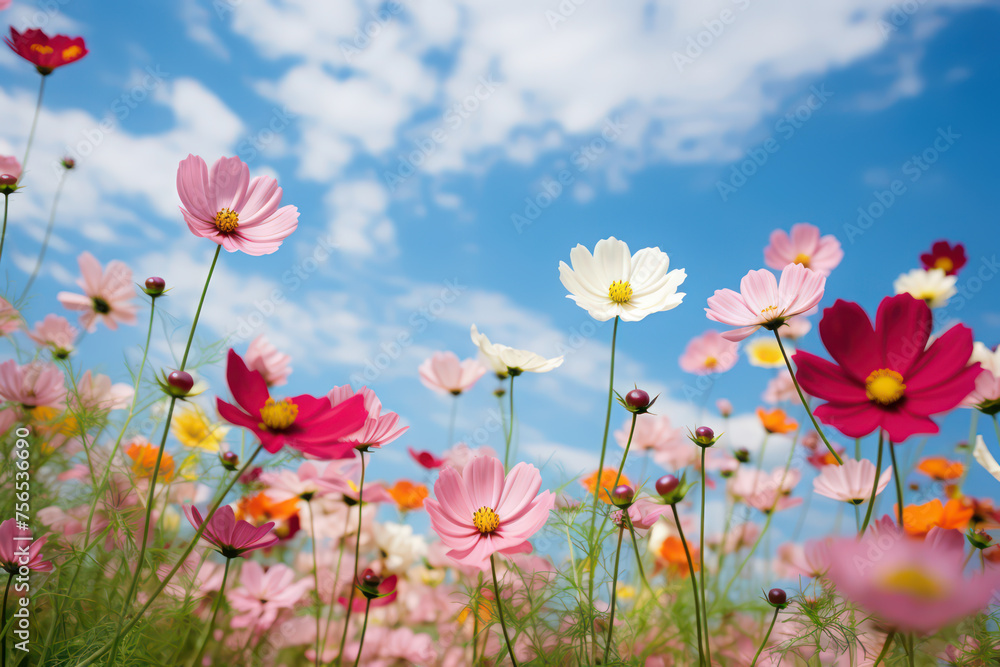 Cosmos flower on blue sky background. Generative ai.