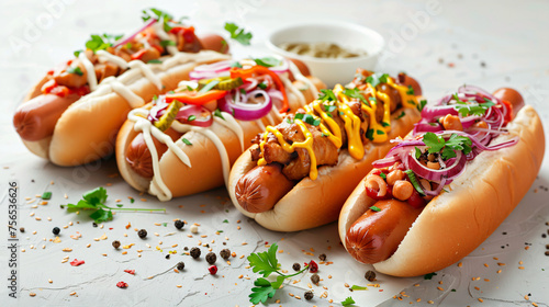 Set of unique hot dogs with a variety of toppings © Pic