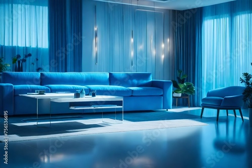 living space with furniture and illuminated blue glow