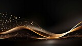 Horizontal Luxurious Black background with golden curved smooth wavy lines, glitter, sequins for the presentation of your Products, Cosmetics Advertising, Layout for Text, Copy space.