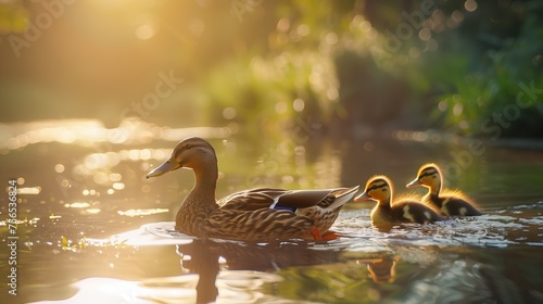 A playful family of ducks wading in a calm river, with the sunlight creating shimmering reflections on the water.