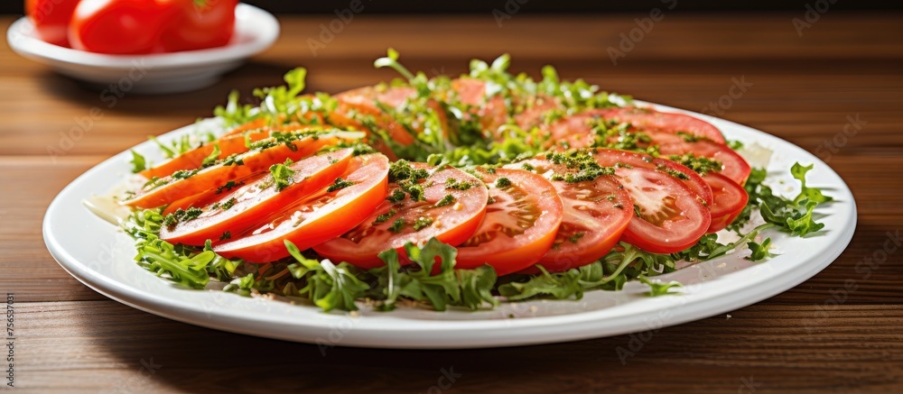 A dish featuring sliced tomatoes and lettuce on a white plate, placed on a wooden table. This fresh and colorful vegetable garnish is a staple food in many cuisines A dish featuring sliced tomatoes and lettuce on a white plate, placed on a wooden table. This fresh and colorful vegetable garnish is a staple food in many cuisines
