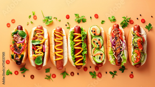 Set of unique hot dogs with a variety of toppings © Pic