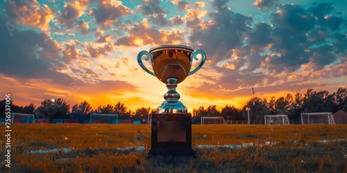 Trophy cup on a pedestal with a soccer field backdrop at dawn.