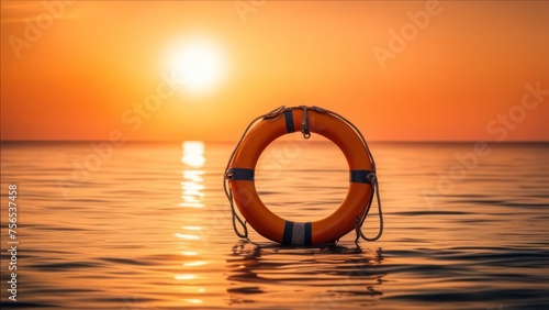 A lifebuoy at sunset in seawater.
