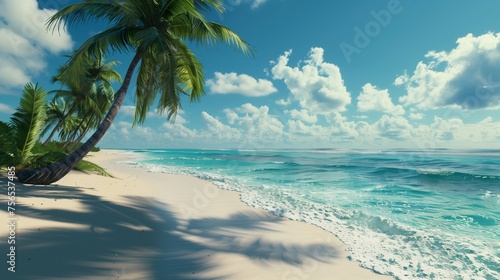 A secluded beach with pristine white sand and turquoise water  with palm trees swaying gently in the breeze.