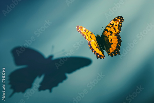 Aspiration for change and ambition for improvement and success as a metaphor for growth and transformation as a butterfly casting a shadow of a flying bird