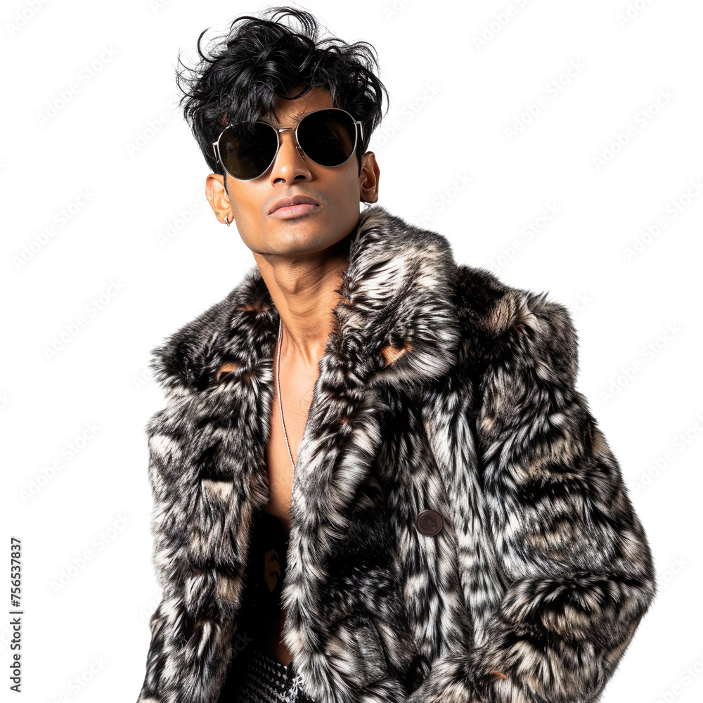 Front view mid body shot of an extremely handsome male Indian model wearing a daringly cropped fur coat with sunglasses on a white transparent background. Front view mid body shot of an extremely handsome male Indian model wearing a daringly cropped fur coat with sunglasses on a white transparent background.