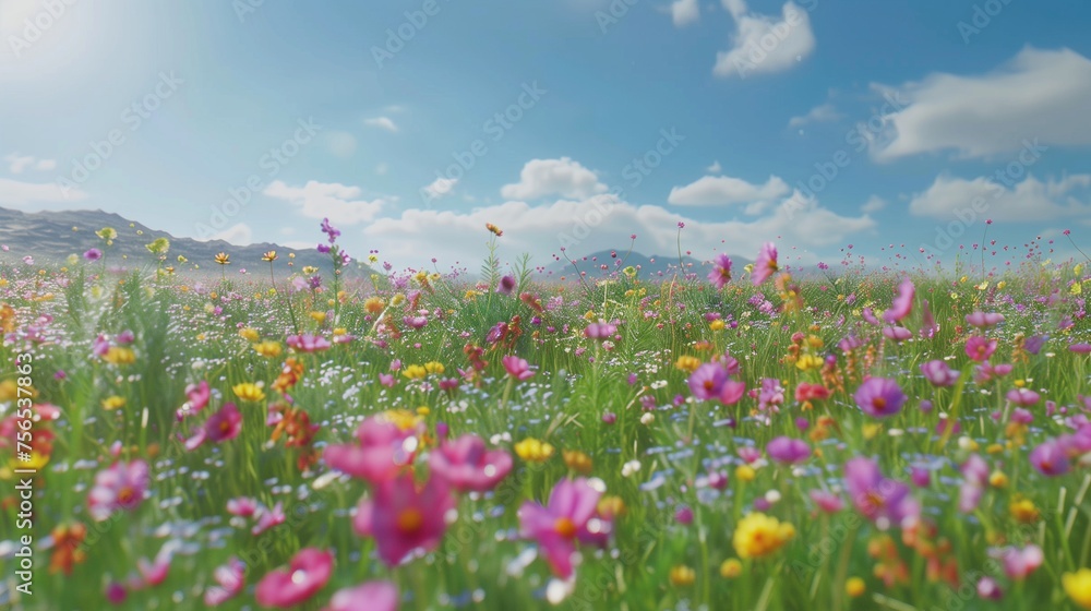 A serene meadow blanketed with wildflowers, stretching as far as the eye can see under a clear blue sky.