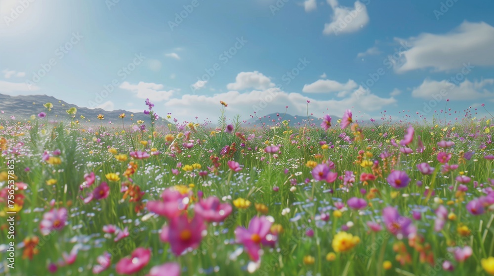 A serene meadow blanketed with wildflowers, stretching as far as the eye can see under a clear blue sky. A serene meadow blanketed with wildflowers, stretching as far as the eye can see under a clear blue sky.