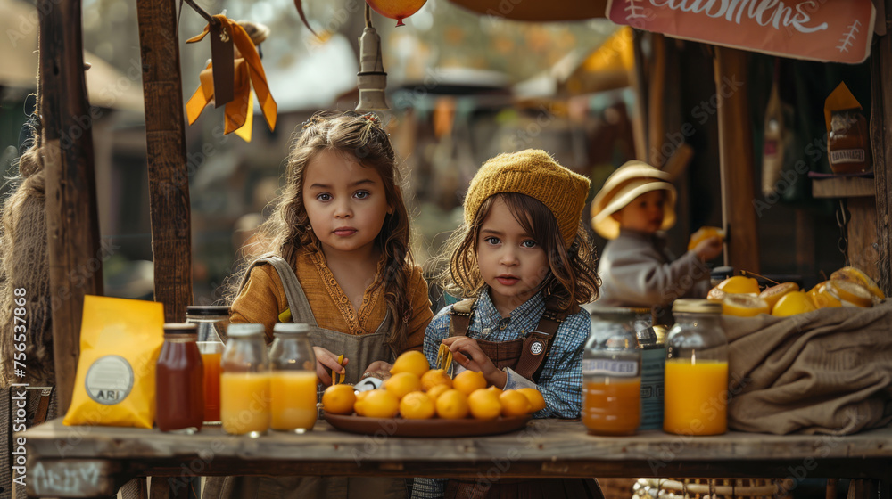 Cute children selling fresh homemade lemonade outdoors. Wating for customers. First business idea and sturtup concept - obrazy, fototapety, plakaty 