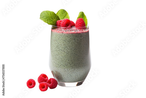 Berry smoothie with chia seeds, flax seeds and spinach served in a tall glass with a straw, Isolated on transparent background. photo