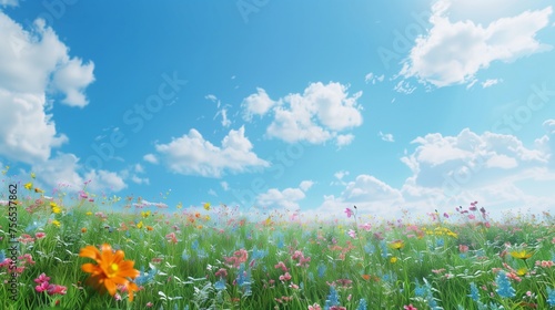 A serene meadow blanketed with wildflowers, stretching as far as the eye can see under a clear blue sky.