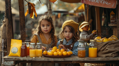 Cute children selling fresh homemade lemonade outdoors. Wating for customers. First business idea and sturtup concept photo