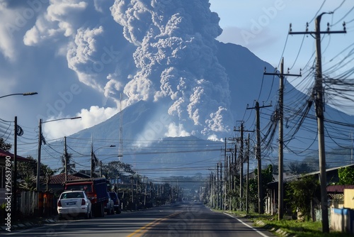 The majestic Mayon Volcano in mid-eruption, viewed from a village street photo
