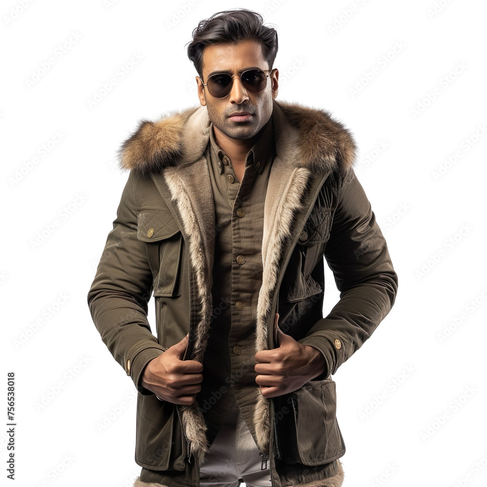 Front view mid body shot of an extremely handsome male Indian model wearing a military-inspired fur coat with sunglasses on a white transparent background.