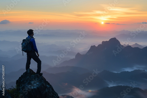 A man who hikers enjoys a break look at the top of the mountain at sunset adventure travel