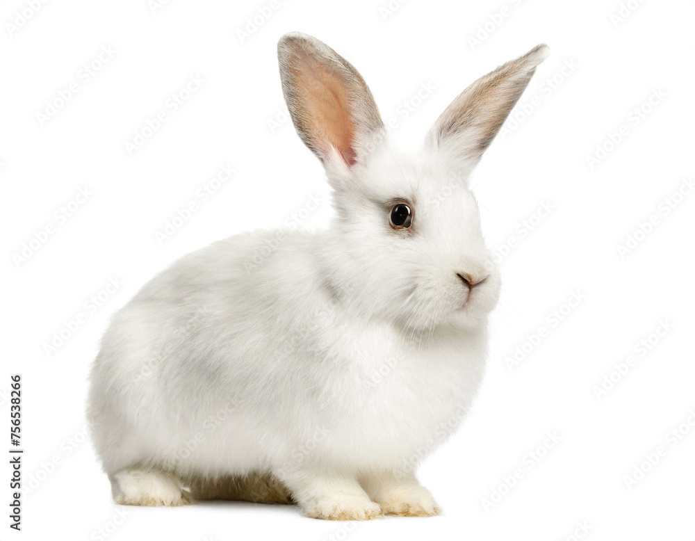 Weißes Kaninchen stehend isoliert auf weißen Hintergrund, Freisteller 
