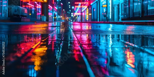 Neon lights reflected on wet pavement: Abstract urban night scene. Concept Urban Photography, Neon Lights, Night Scenes, Abstract Art, Wet Pavement