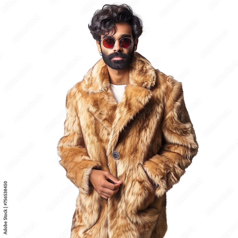 Front view mid body shot of an extremely handsome male Indian model wearing a camel-colored fur coat with sunglasses on a white transparent background. Front view mid body shot of an extremely handsome male Indian model wearing a camel-colored fur coat with sunglasses on a white transparent background.
