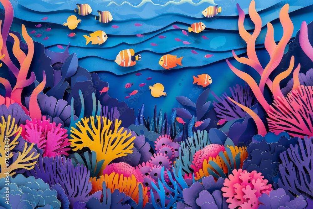 Paper art depicting a vibrant underwater coral reef scene with colorful fish swimming amongst the coral.