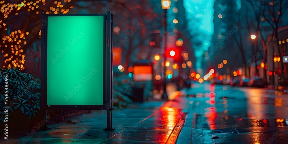 Urban street advertising banner with blurred city lights and green screen. Concept Outdoor Advertising, Urban Landscape, City Lights, Green Screen Technology, Blurred Background