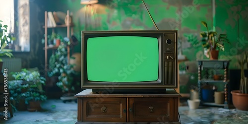 Old TV set with blank green screen for editing or overlay . Concept Video Editing, Green Screen, Vintage Technology, Creative Overlay, Retro Aesthetic