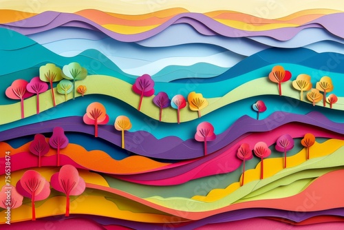 A vibrant, multi-layered paper cutout art piece, depicting a stylized landscape with colorful trees and rolling hills.